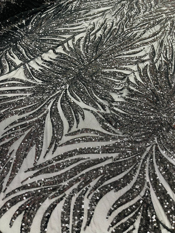 Black Phoenix Feather Design with Sequins Embroider on a Black 4 way Stretch Mesh Fabric- Sold by the yard.