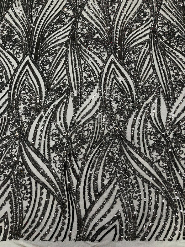 Black Shiny Geometric Feather wing shiny sequin design on a 4 way stretch mesh Fabric-prom-sold by the yard.