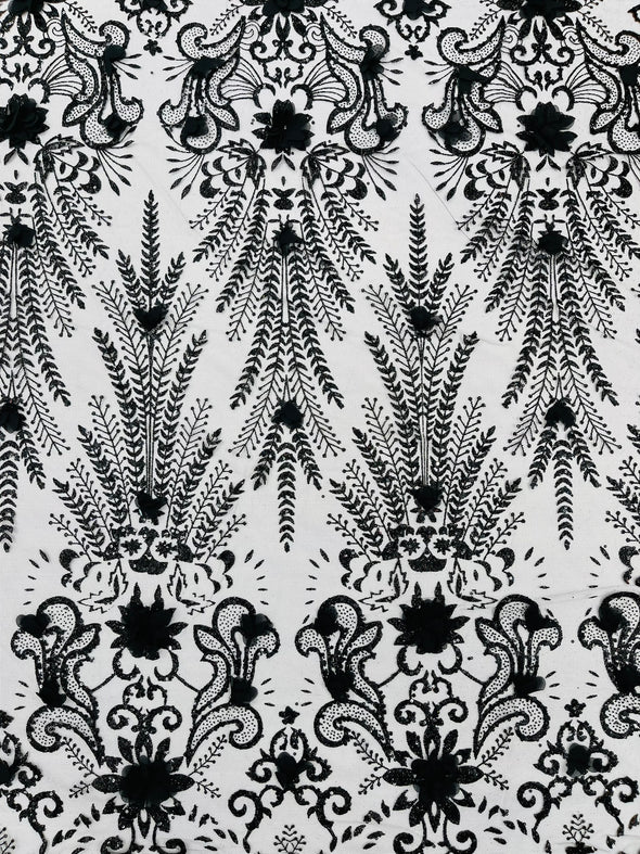 Floral 3D Palm Damask with glitter in a Mesh Lace- Sold by the yard.
