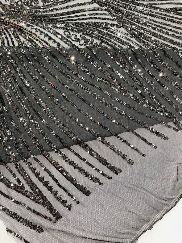 Black Shiny Geometric Feather wing shiny sequin design on a 4 way stretch mesh Fabric-prom-sold by the yard.