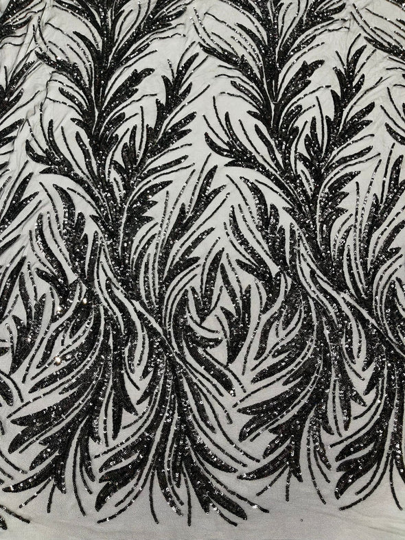 Black Feather damask shiny sequin design on a 4 way stretch mesh Fabric-prom-Sold by the yard