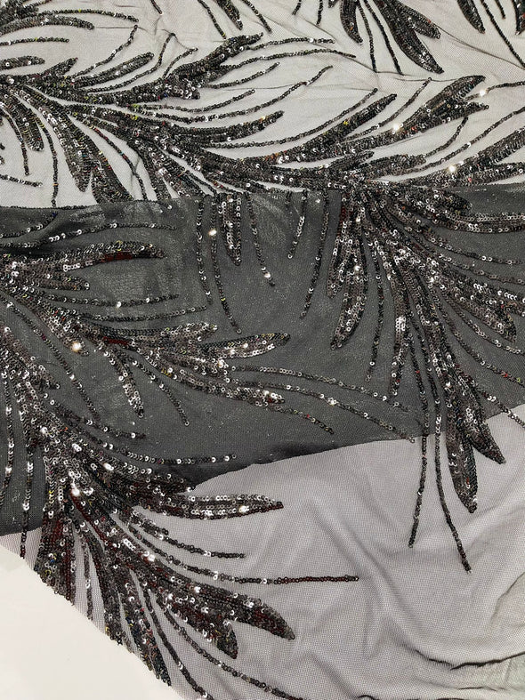 Black Feather damask shiny sequin design on a 4 way stretch mesh Fabric-prom-Sold by the yard