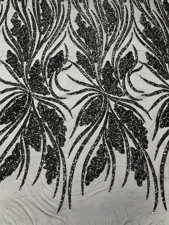 Black Feather damask shiny sequin design on a 4 way stretch mesh Fabric-prom-Sold by the yard