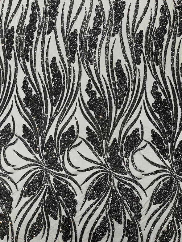 Black Feather damask shiny sequin design on a 4 way stretch mesh Fabric-prom-Sold by the yard