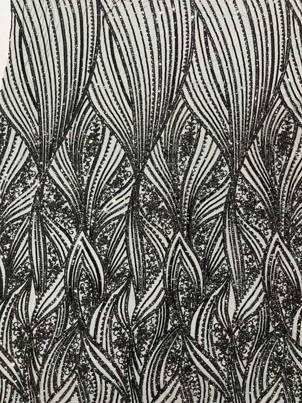 Black Shiny Geometric Feather wing shiny sequin design on a 4 way stretch mesh Fabric-prom-sold by the yard.