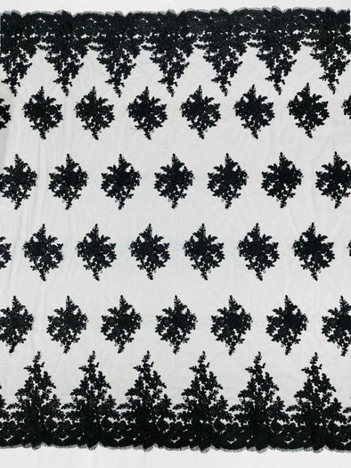 Black Corded Lace 3D Floral Embroider, Sold by the yard.