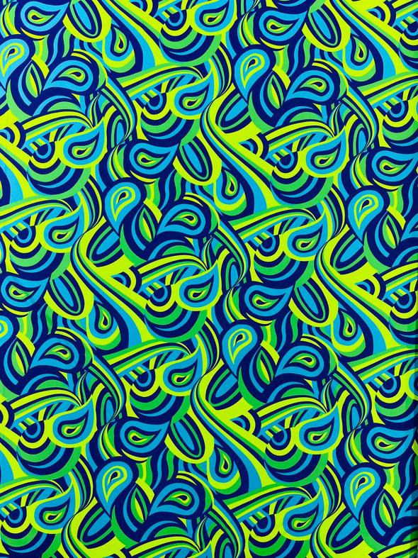 Blue Lime Green Retro Paisley Spandex, by The Yard.