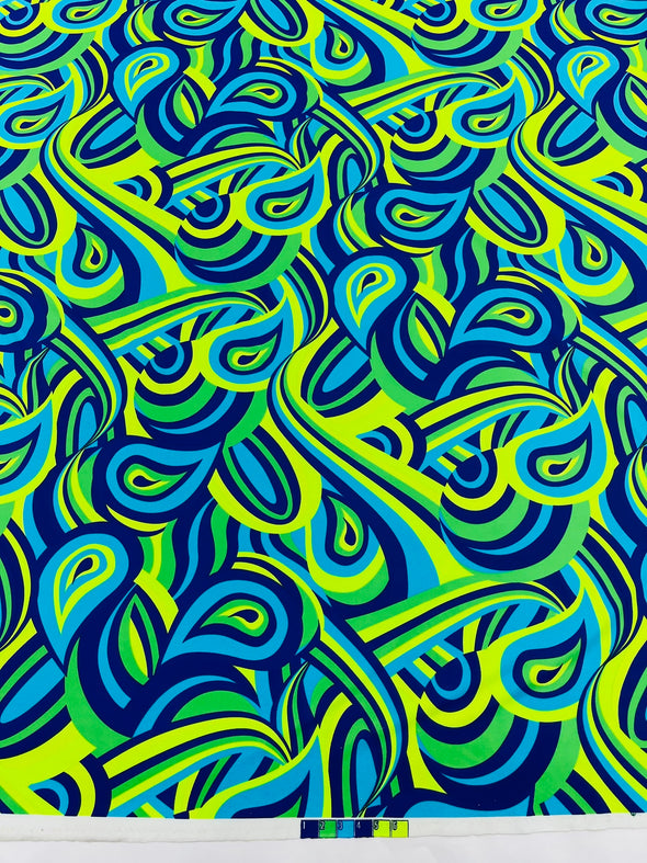 Blue Lime Green Retro Paisley Spandex, by The Yard.