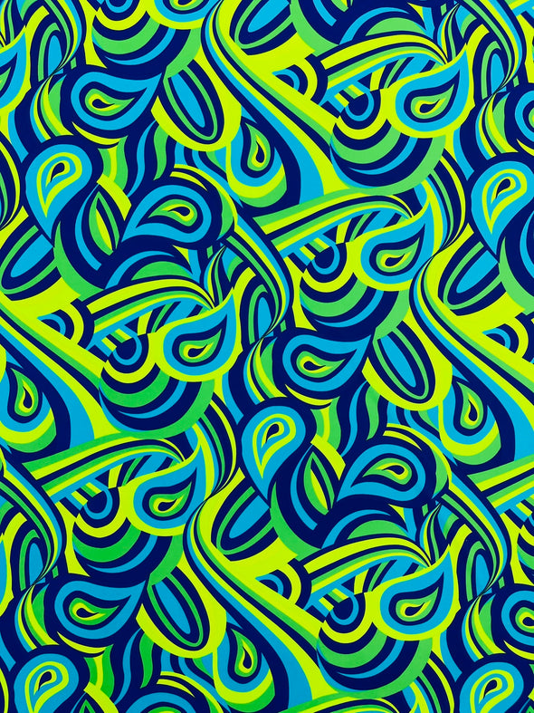 Blue Lime Green Retro Paisley Spandex, by The Yard.