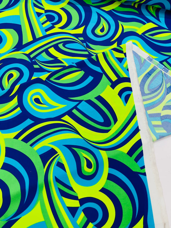 Blue Lime Green Retro Paisley Spandex, by The Yard.