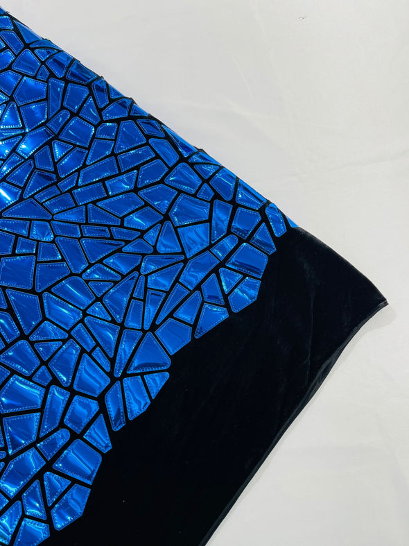 Blue Holographic Shiny Broken Glass Sequin Design/Geometric/ On Black Stretch Velvet Fabric Sold By The Yard