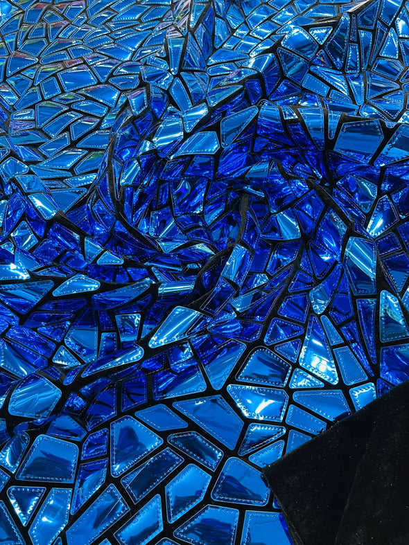 Blue Holographic Shiny Broken Glass Sequin Design/Geometric/ On Black Stretch Velvet Fabric Sold By The Yard