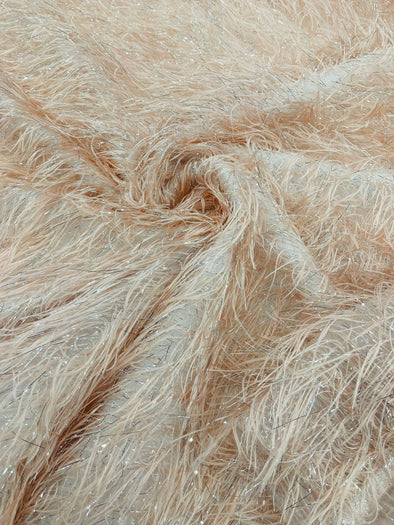Blush/Silver Shaggy Jacquard Faux Ostrich/Eye Lash Feathers Sewing Fringe With Metallic Thread Fabric By The Yard