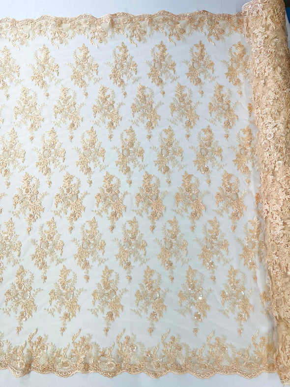 Blush Peach Gorgeous French design embroider and beaded on a mesh lace. Wedding/Bridal/Prom/Nightgown fabric