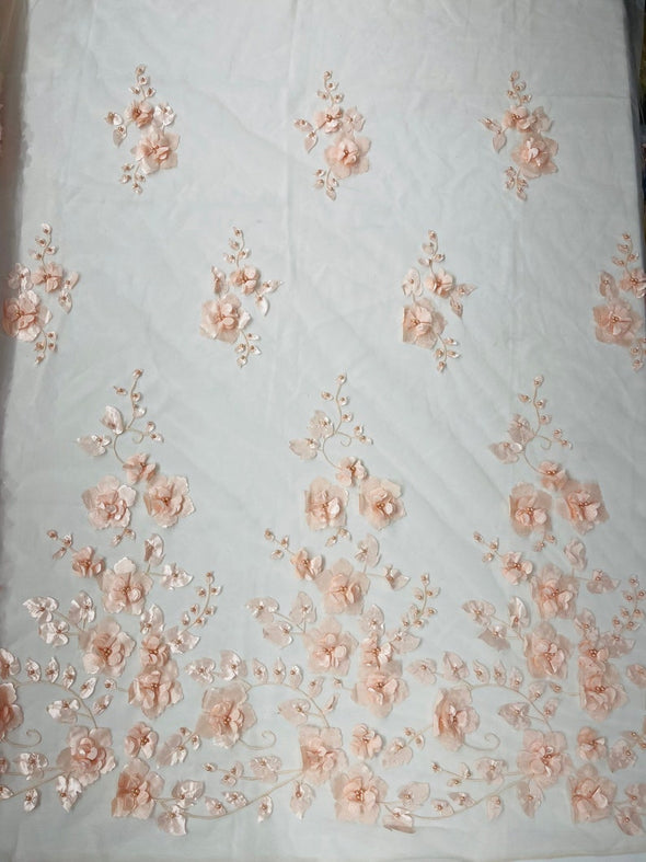 Orquidia 3d floral design embroider with pearls in a mesh lace fabric-dresses-fashion-decorations-prom-sold by the yard.
