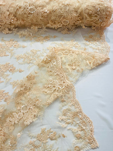 Blush Peach Gorgeous French design embroider and beaded on a mesh lace. Wedding/Bridal/Prom/Nightgown fabric