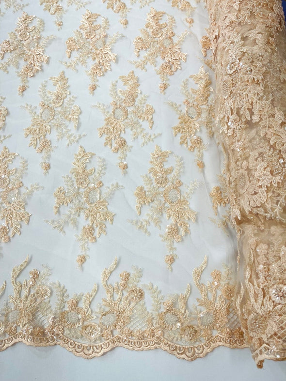 Blush Peach Gorgeous French design embroider and beaded on a mesh lace. Wedding/Bridal/Prom/Nightgown fabric