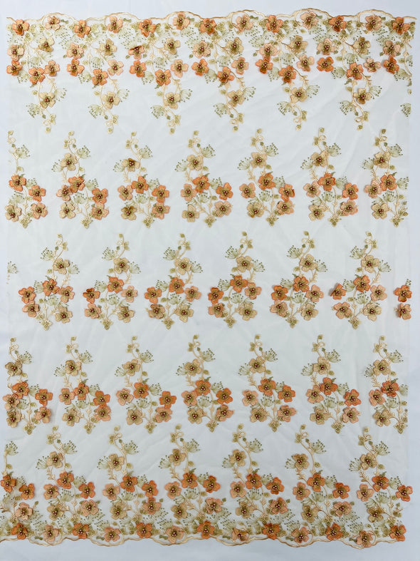 Multi Color 3D Floral Design Embroider with Pearls in a Mesh Lace -Sold by the yard.