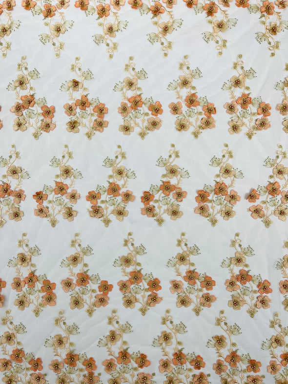 Multi Color 3D Floral Design Embroider with Pearls in a Mesh Lace -Sold by the yard.