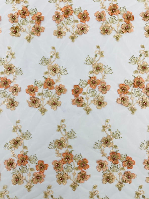 Multi Color 3D Floral Design Embroider with Pearls in a Mesh Lace -Sold by the yard.