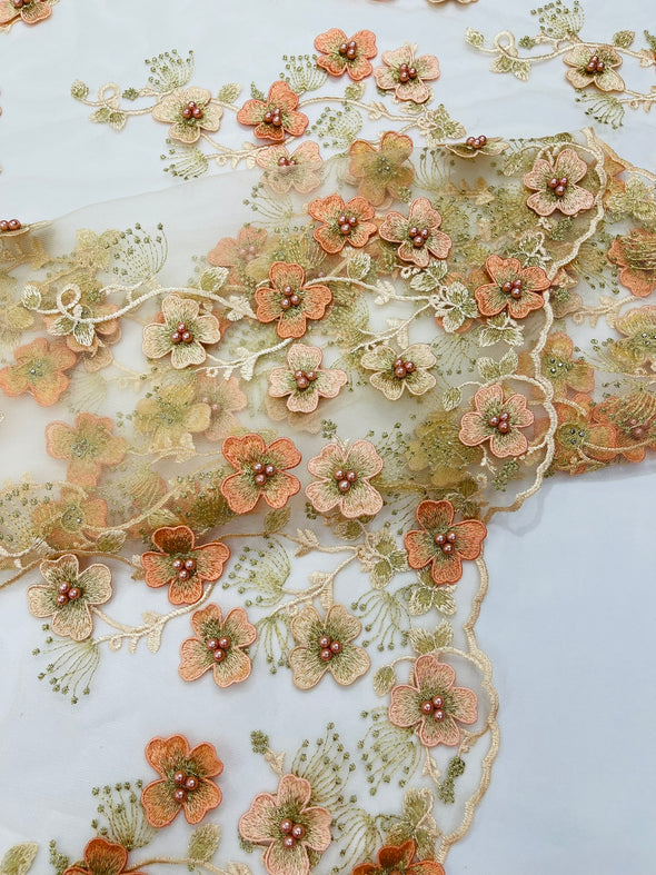 Multi Color 3D Floral Design Embroider with Pearls in a Mesh Lace -Sold by the yard.