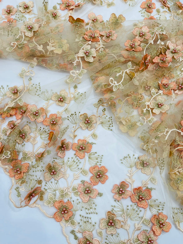 Multi Color 3D Floral Design Embroider with Pearls in a Mesh Lace -Sold by the yard.