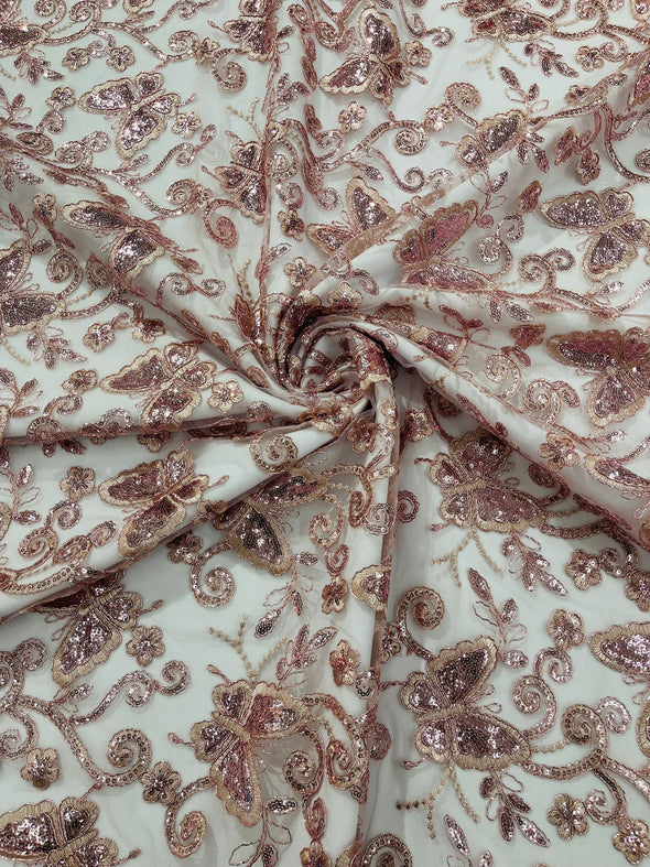 Blush Pink Corded Lace/ Butterfly Design Embroidered With Sequin on a Mesh Lace Fabric