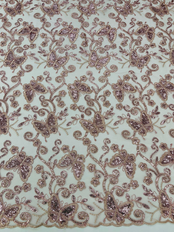 Blush Pink Corded Lace/ Butterfly Design Embroidered With Sequin on a Mesh Lace Fabric