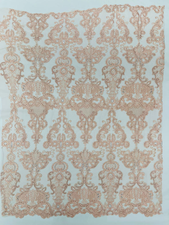 Blush Pink  Embroidery Damask Design With Sequins On A Mesh Lace Fabric/Prom/Wedding