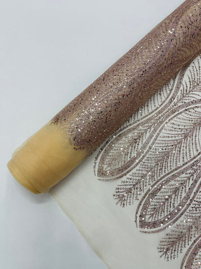 Blush Pink Glitter Feather Damask Design On A Mesh Lace Fabric/Prom.