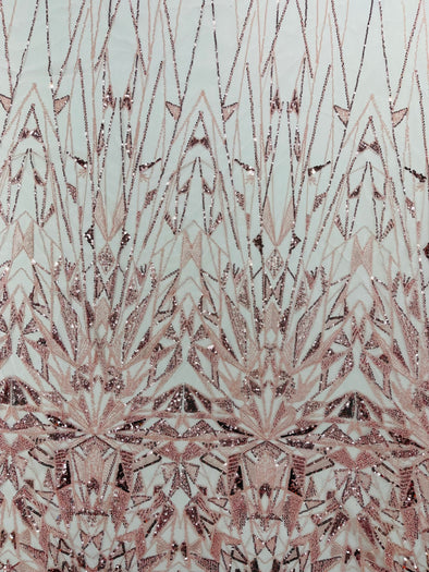 Blush Pink Geometric Beaded Design On A Mesh Lace Fabric (By The Yard)