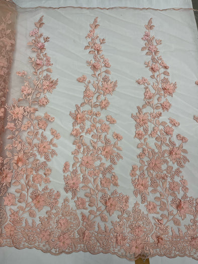Blush Pink 3D floral design embroider and beaded with pearls on a mesh lace-prom-dresses-nightgown-apparel-fashion-Sold by yard