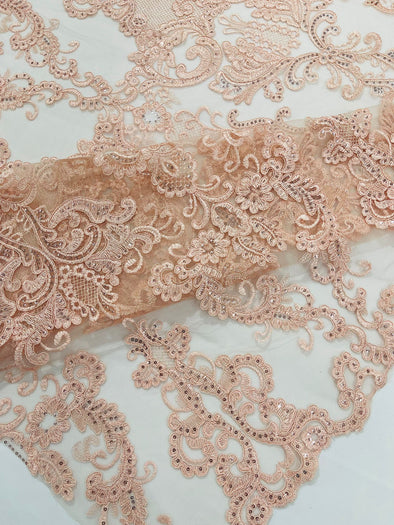 Blush Pink  Embroidery Damask Design With Sequins On A Mesh Lace Fabric/Prom/Wedding