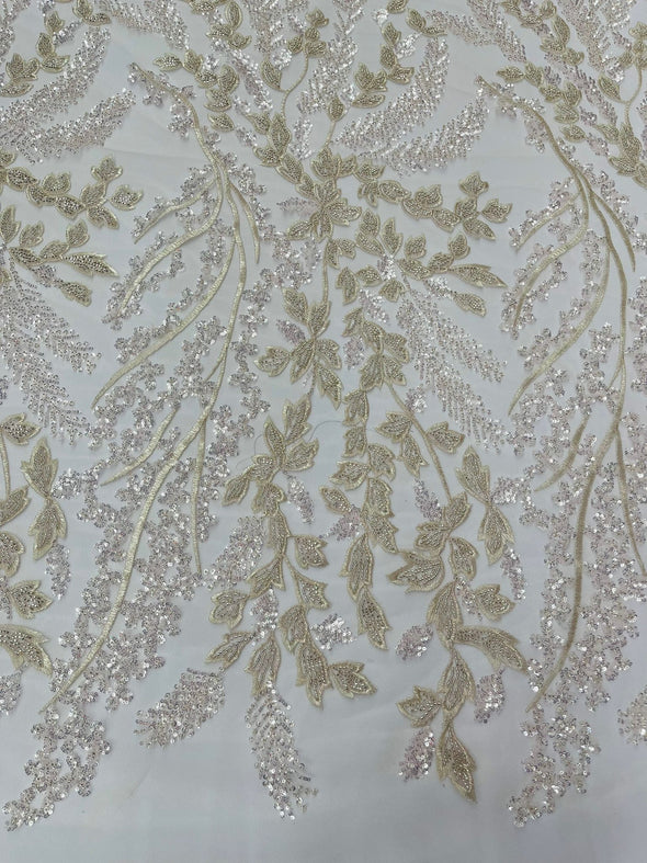 Blush Pink  Floral Beaded Lace Fabric /Wedding/Prom/Sequin lace Sold By The Yard.