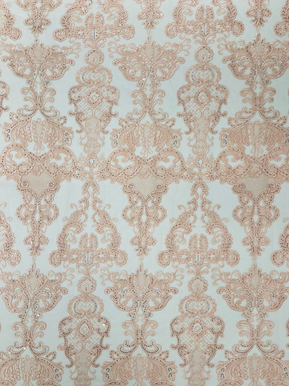 Blush Pink  Embroidery Damask Design With Sequins On A Mesh Lace Fabric/Prom/Wedding