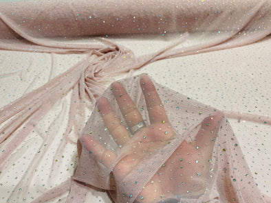 Blush Pink Sheer All Over AB Rhinestones On Stretch Power Mesh Fabric, Sold by The Yard