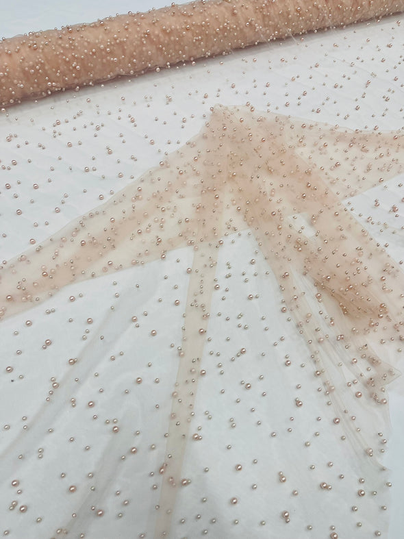 Heavy Scattered Pearls Studded Mesh, 2-Way Stretch, Sold By The Yard.