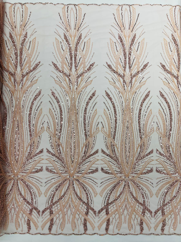 Palm Beaded Damask Design Fabric, Sold by The Yard.