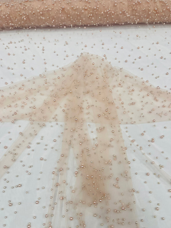 Heavy Scattered Pearls Studded Mesh, 2-Way Stretch, Sold By The Yard.