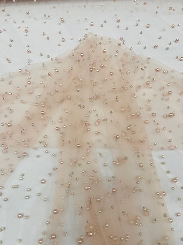 Heavy Scattered Pearls Studded Mesh, 2-Way Stretch, Sold By The Yard.