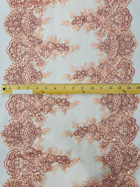 Blush 14"Wide Sequins Metallic Embroidered Lace on Mesh Fabric, Trim Lace, Table Runner. Sold By The Yard.