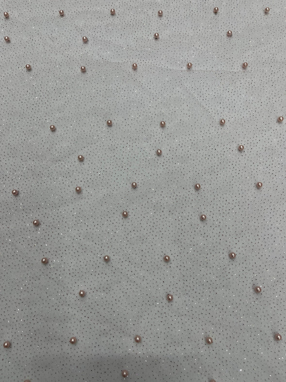 Pearl Glitter Studded Mesh, 2-Way Stretch Shimmer Mesh Fabric, Sold by the yard.