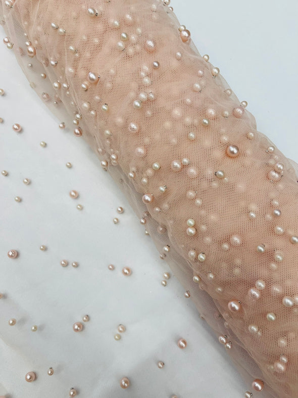 Heavy Scattered Pearls Studded Mesh, 2-Way Stretch, Sold By The Yard.