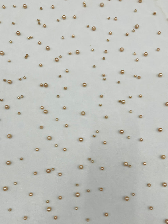 Heavy Scattered Pearls Studded Mesh, 2-Way Stretch, Sold By The Yard.