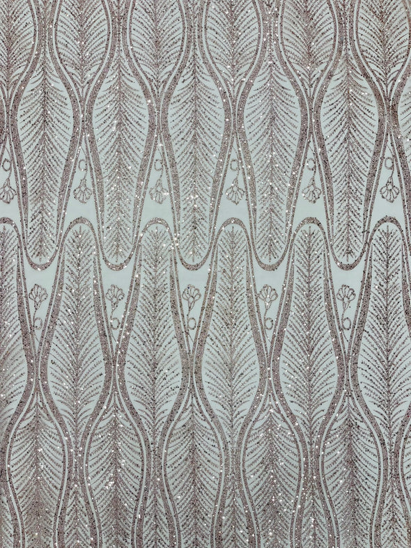 Glitter Feather Damask Design On A Mesh Lace Fabric/Prom.