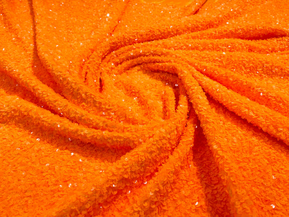 Bright Orange 54" Stretch Velvet with Luxury Sequins All Over 5mm Shining Sequins 2-Way Stretch. Sold by the yard.