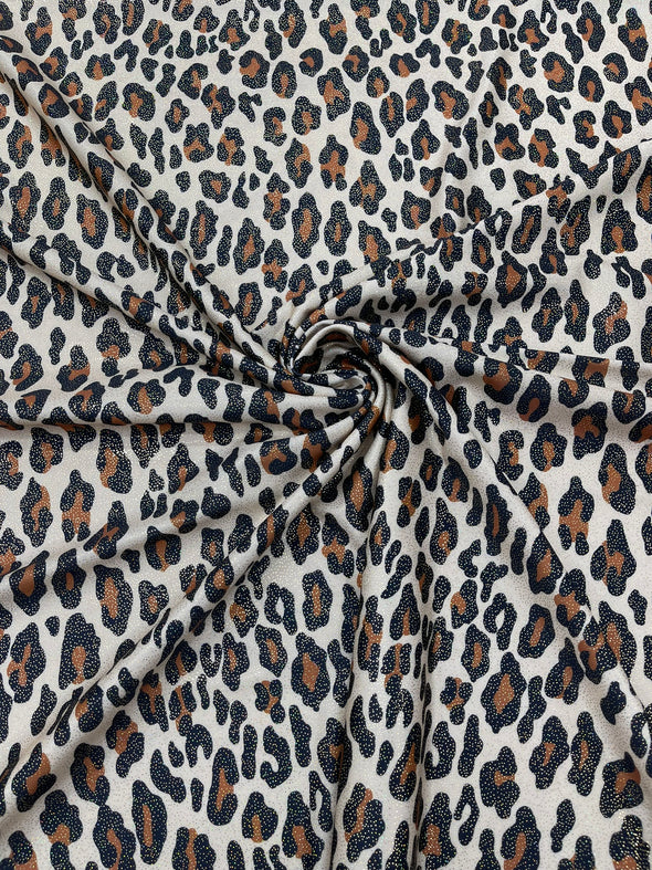 Brown Black Foil Leopard Print On a White Stretch Nylon Spandex Tricot/Milliskin -Sold by the yard.