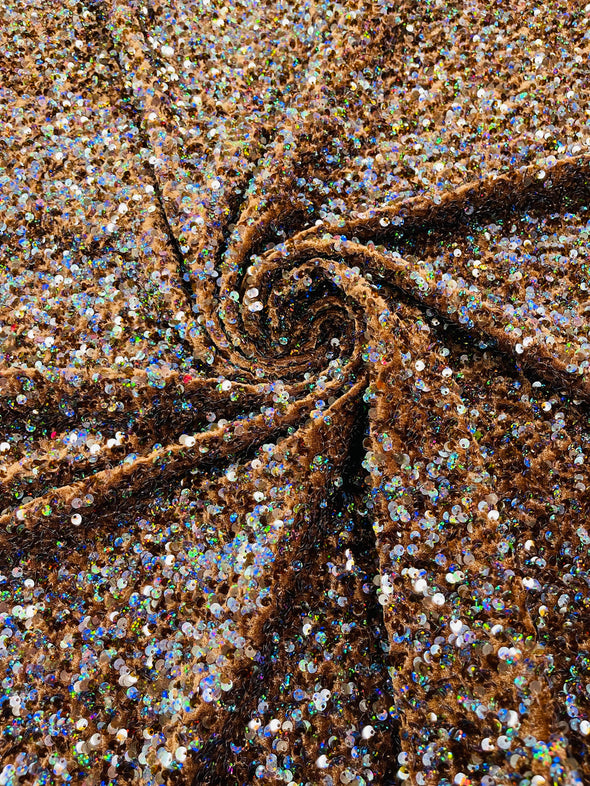 Brown Iridescent  54" Stretch Velvet with Luxury Sequins All Over 5mm Shining Sequins 2-Way Stretch. Sold by the yard.