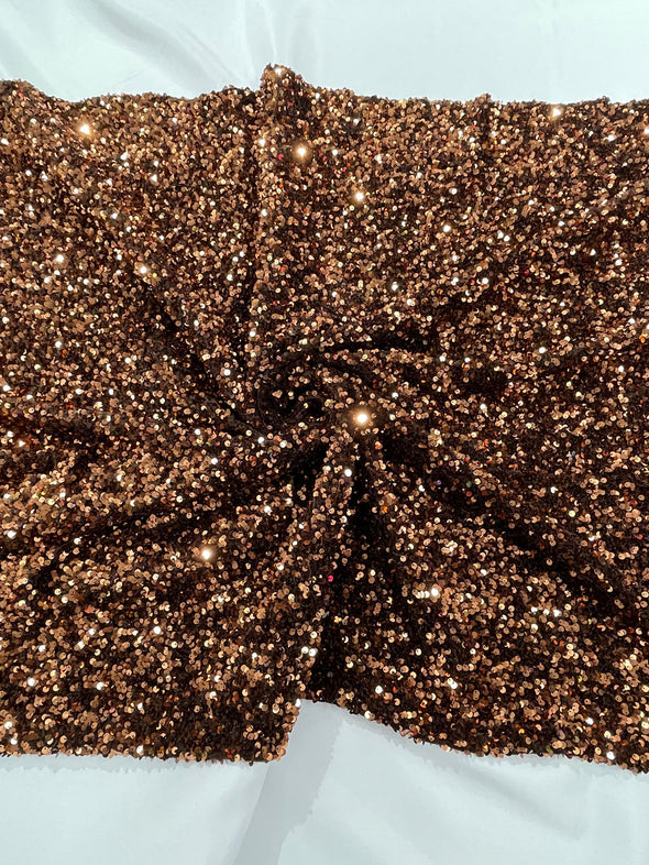 Brown 54" Stretch Velvet with Luxury Sequins All Over 5mm Shining Sequins 2-Way Stretch. Sold by the yard.