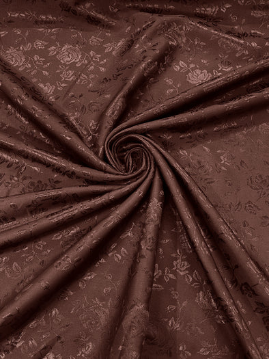 Brown Polyester Roses/Floral Brocade Jacquard Satin Fabric/ Cosplay Costumes, Table Linen- Sold By The Yard.